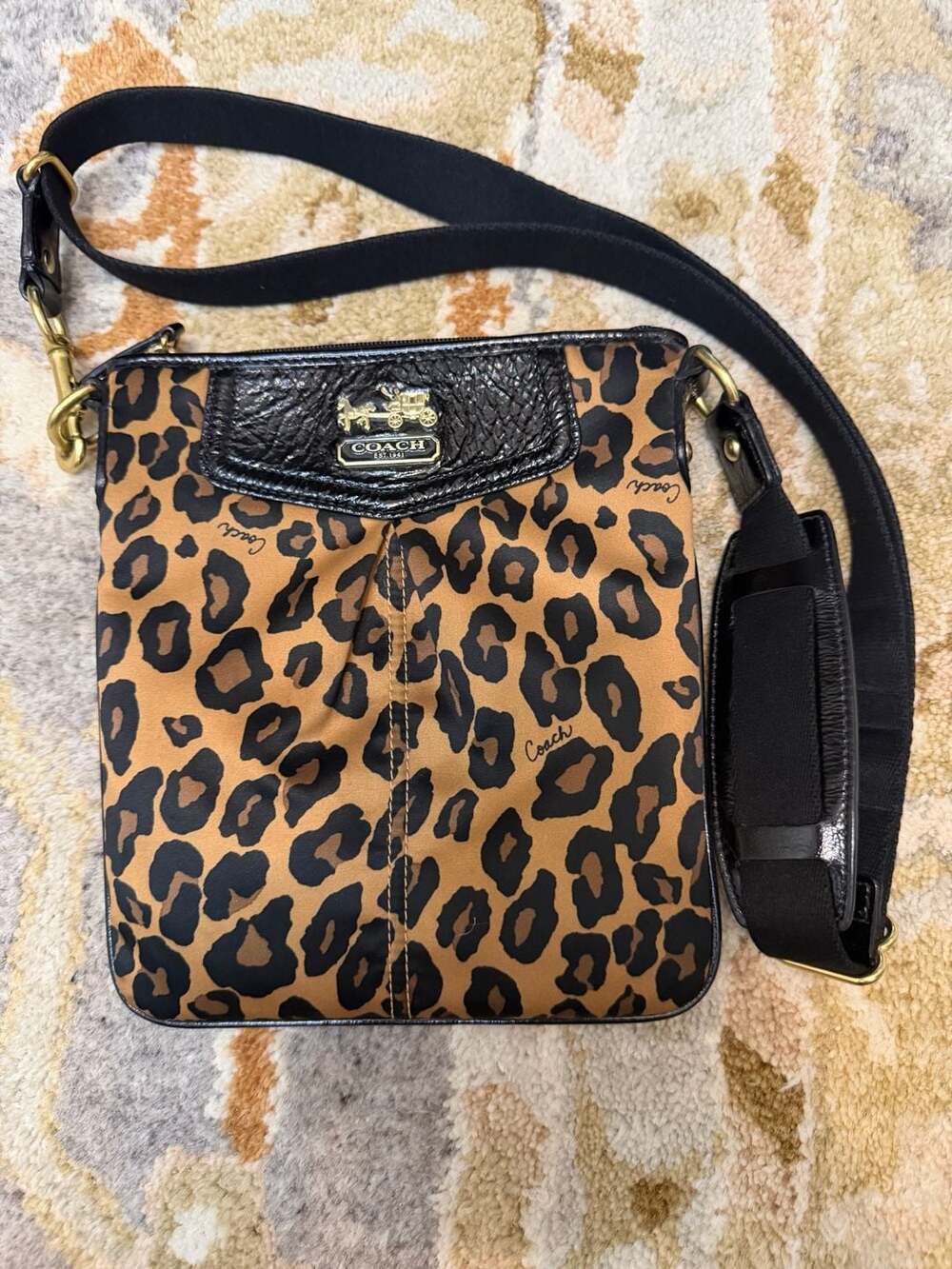 Coach Leopard Print Satin and Patent Leather Swingpack Crossbody Bag